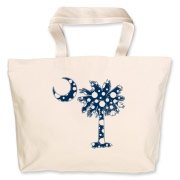 Blue Polka Dot Palmetto Moon Jumbo Tote Bag features a blue palmetto moon with white polka dots and is a fun variation on the South Carolina flag palmetto logo.