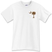A chocolate brown palmetto and crescent moon. The palmetto is a symbol of South Carolina pride. Buy the chocolate brown palmetto moon printed in the pocket area of a t-shirt, sweatshirt, or other apparel item.