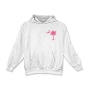 A pink palmetto and crescent moon. The palmetto is a symbol of South Carolina pride. Buy the pink palmetto moon printed in the pocket area of a t-shirt, sweatshirt, or other apparel item.