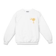 Yellow Polka Dots South Cackalacky Deluxe Kids Crewneck Sweatshirt feature the polka dot South Carolina palmetto moon logo in yellow on the back and a smaller, matching palmetto moon on the front.