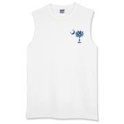 Blue Polka Dots South Cackalacky Deluxe Sleeveless T-Shirt feature the polka dot South Carolina palmetto moon logo in blue on the back and a smaller, matching palmetto moon on the front.