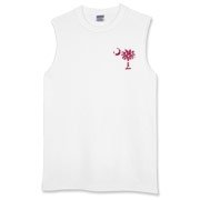 Garnet and Black Polka Dots South Cackalacky Deluxe Sleeveless T-Shirt feature the polka dot South Carolina palmetto moon logo in garnet and black on the back and a smaller, matching palmetto moon on the front.