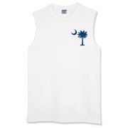 The tradtional blue palmetto and crescent moon design is a symbol of South Carolina pride. Buy the traditional blue palmetto moon printed on the pocket area of a t-shirt, sweatshirt, or other clothing item.