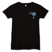 Blue Polka Dots South Cackalacky Deluxe Women's T-Shirt feature the polka dot South Carolina palmetto moon logo in blue on the back and a smaller, matching palmetto moon on the front.