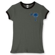 Buy a Blue Palmetto Moon Women's Fitted Ringer Tee featuring a smaller palmetto printed on the left chest area. The palmetto moon is a symbol of South Carolina pride.
