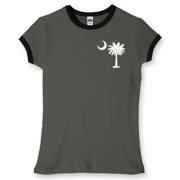 Buy a White Carolina Girl Deluxe Women's Fitted Ringer Tee. This two-sided design features a small palmetto moon printed on the front left chest area and matching Carolina Girl palmetto design on the back. The palmetto moon is a symbol of South Carolina p