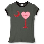 A Candy Heart Palmetto Moon Women's Fitted Ringer Tee for an Angel! Perfect for Valentine's Day, it features a pink candy heart on the South Carolina Palmetto Moon with Angel.