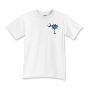 Blue Polka Dots South Cackalacky Deluxe Kids T-Shirt feature the polka dot South Carolina palmetto moon logo in blue on the back and a smaller, matching palmetto moon on the front.