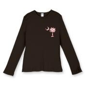 Buy a Red Heart Pattern Palmetto Moon Women's Fitted Baby Rib Long Sleeve Tee for your sweetheart this Valentine's Day! Featuring the a smaller pocket sized version of the South Carolina Palmetto Moon with a red heart pattern printed on the left chest are