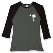 Buy a White Carolina Girl Deluxe Women's Fitted Baseball Tee. This two-sided design features a small palmetto moon printed on the front left chest area and matching Carolina Girl palmetto design on the back. The palmetto moon is a symbol of South Carolina