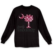 Garnet and Black Polka Dots South Cackalacky Palmetto Moon Long Sleeve T-Shirt features a Polka Dot South Carolina palmetto moon logo in garnet.