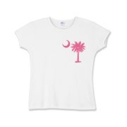 A pink palmetto and crescent moon. The palmetto is a symbol of South Carolina pride. Buy the pink palmetto moon printed in the pocket area of a t-shirt, sweatshirt, or other apparel item.
