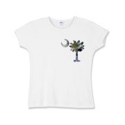This pocket sized version of Earth and Moon palmetto and crescent moon features a photo of the Earth as the background for the palmetto and a photo of the Moon as a background for the crescent.