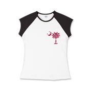 Garnet and Black Polka Dots South Cackalacky Deluxe Girls Cap Sleeve T-Shirt feature the polka dot South Carolina palmetto moon logo in garnet and black on the back and a smaller, matching palmetto moon on the front.