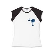 The deluxe Palmetto Moon Flag Girls Cap Sleeve T-Shirt features a small palmetto moon in the front pocket area and the South Carolina Flag design on the back.