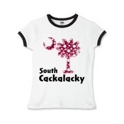 Garnet and Black Polka Dots South Cackalacky Palmetto Moon Girls Ringer T-Shirt features a Polka Dot South Carolina palmetto moon logo in garnet.