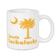 Yellow South Cackalacky Palmetto Moon Coffee Mug features the South Carolina palmetto moon logo in yellow.