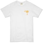 Yellow Polka Dots South Cackalacky Deluxe Organic T-Shirt feature the polka dot South Carolina palmetto moon logo in yellow on the back and a smaller, matching palmetto moon on the front.