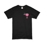 The pink palmetto and crescent moon pocket print design is a symbol of South Carolina pride. Buy pink palmetto t-shirts, sweatshirts or other clothing items with the palmetto moon printed on the pocket area.