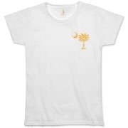 Yellow Polka Dots South Cackalacky Deluxe Organic Women's T-Shirt feature the polka dot South Carolina palmetto moon logo in yellow on the back and a smaller, matching palmetto moon on the front.