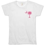 The pink palmetto and crescent moon pocket print design is a symbol of South Carolina pride. Buy pink palmetto t-shirts, sweatshirts or other clothing items with the palmetto moon printed on the pocket area.