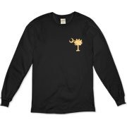 Yellow Polka Dots South Cackalacky Deluxe Organic Long Sleeve T-Shirt feature the polka dot South Carolina palmetto moon logo in yellow on the back and a smaller, matching palmetto moon on the front.