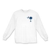 The deluxe Palmetto Moon Flag Kids Long Sleeve T-Shirt features a small palmetto moon in the front pocket area and the South Carolina Flag design on the back.