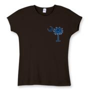 Buy a Blue Palmetto Moon Women's Fitted Baby Rib Tee featuring a smaller palmetto printed on the left chest area. The palmetto moon is a symbol of South Carolina pride.