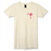 Buy a Pink Palmetto Moon Alternative Apparel Women's Destroyed T-Shirt featuring a smaller palmetto printed on the left chest area. The palmetto moon is a symbol of South Carolina pride.