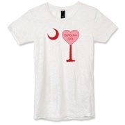 A Candy Heart Palmetto Moon Alternative Apparel Women's Burnout T-Shirt for a Carolina Girl! Perfect for Valentine's Day, it features a pink candy heart on the South Carolina Palmetto Moon with Carolina Girl.