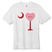 A Candy Heart Palmetto Moon Hanes Cool Dri T-shirt for an Angel! Perfect for Valentine's Day, it features a pink candy heart on the South Carolina Palmetto Moon with Angel.