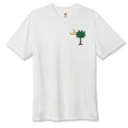 Buy a Christmas Palmetto Moon Hanes Cool Dri T-shirt and have a Merry Christmas, South Carolina style. This version features a pocket sized version of the Christmas Tree Palmetto Moon.