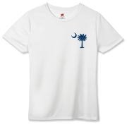 Buy a Blue Palmetto Moon Hanes Women's Cool Dri T-shirt featuring a smaller palmetto printed on the left chest area. The palmetto moon is a symbol of South Carolina pride.