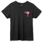 Buy a Pink Palmetto Moon Hanes Women's Cool Dri T-shirt featuring a smaller palmetto printed on the left chest area. The palmetto moon is a symbol of South Carolina pride.