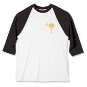 Yellow Polka Dots South Cackalacky Deluxe Baseball Jersey feature the polka dot South Carolina palmetto moon logo in yellow on the back and a smaller, matching palmetto moon on the front.