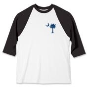 The deluxe Palmetto Moon Flag Baseball Jersey features a small palmetto moon in the front pocket area and the South Carolina Flag design on the back.