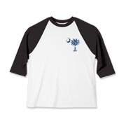 Blue Polka Dots South Cackalacky Deluxe Kids Baseball Jersey feature the polka dot South Carolina palmetto moon logo in blue on the back and a smaller, matching palmetto moon on the front.