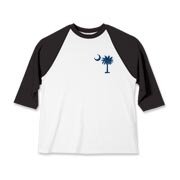 The tradtional blue palmetto and crescent moon design is a symbol of South Carolina pride. Buy the traditional blue palmetto moon printed on the pocket area of a t-shirt, sweatshirt, or other clothing item.