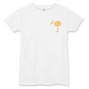 Yellow Polka Dots South Cackalacky Deluxe Women's T-Shirt feature the polka dot South Carolina palmetto moon logo in yellow on the back and a smaller, matching palmetto moon on the front.