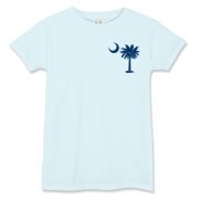 The tradtional blue palmetto and crescent moon design is a symbol of South Carolina pride. Buy the traditional blue palmetto moon printed on the pocket area of a t-shirt, sweatshirt, or other clothing item.