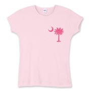 A pink palmetto and crescent moon. The palmetto is a symbol of South Carolina pride. Buy the pink palmetto moon printed in the pocket area of a t-shirt, sweatshirt, or other apparel item.