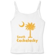 Yellow South Cackalacky Palmetto Moon Women's Fitted Spaghetti Strap Tank features the South Carolina palmetto moon logo in yellow.