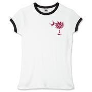 Garnet and Black Polka Dots South Cackalacky Deluxe Women's Fitted Ringer Tee feature the polka dot South Carolina palmetto moon logo in garnet and black on the back and a smaller, matching palmetto moon on the front.