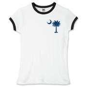 The deluxe Palmetto Moon Flag Women's Fitted Ringer Tee features a small palmetto moon in the front pocket area and the South Carolina Flag design on the back.