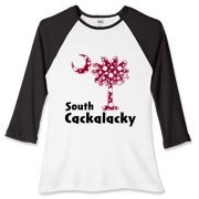 Garnet and Black Polka Dots South Cackalacky Palmetto Moon Women's Fitted Baseball Tee features a Polka Dot South Carolina palmetto moon logo in garnet.
