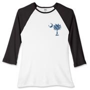 Blue Polka Dots South Cackalacky Deluxe Women's Fitted Baseball Tee feature the polka dot South Carolina palmetto moon logo in blue on the back and a smaller, matching palmetto moon on the front.
