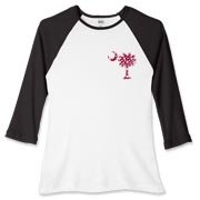 Garnet and Black Polka Dots South Cackalacky Deluxe Women's Fitted Baseball Tee feature the polka dot South Carolina palmetto moon logo in garnet and black on the back and a smaller, matching palmetto moon on the front.