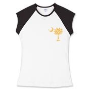 Yellow Polka Dots South Cackalacky Deluxe Women's Fitted Cap Sleeve Tee feature the polka dot South Carolina palmetto moon logo in yellow on the back and a smaller, matching palmetto moon on the front.