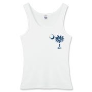 Blue Polka Dots South Cackalacky Deluxe Women's Fitted Tank Top feature the polka dot South Carolina palmetto moon logo in blue on the back and a smaller, matching palmetto moon on the front.