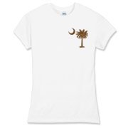 A chocolate brown palmetto and crescent moon. The palmetto is a symbol of South Carolina pride. Buy the chocolate brown palmetto moon printed in the pocket area of a t-shirt, sweatshirt, or other apparel item.